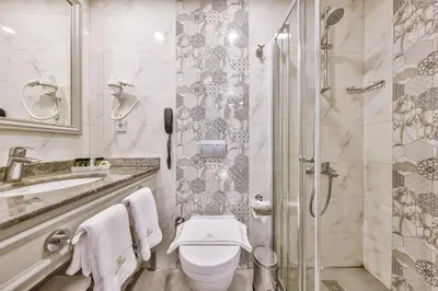 a white bathroom with a toilet and a shower at 9 Doors Hotel in Istanbul