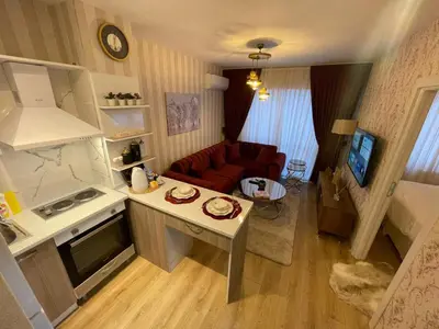 a small kitchen and living room with a red couch at Classic Suite SS5 in Istanbul