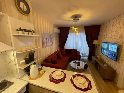 a kitchen and living room with a red couch at Classic Suite SS5 in Istanbul