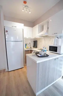 a kitchen with a white refrigerator and a microwave at King Suite SS18 in Istanbul