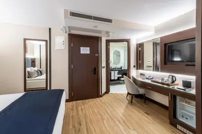 a hotel room with a bed and a desk with a television at Aprilis Deluxe Hotel in Istanbul