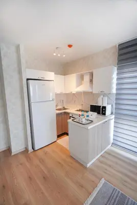 a kitchen with a white refrigerator in a room at King Suite SS7 in Istanbul