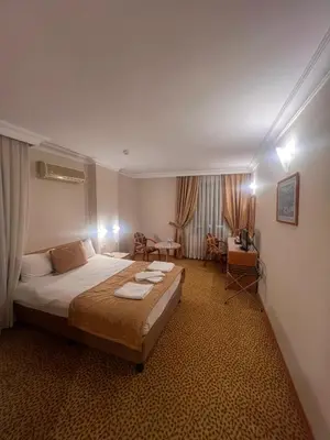 a hotel room with a bed and a desk at SEFA HOTEL 1 ÇORLU in Corlu