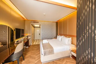 a hotel room with a bed and a television at MQ Hotel Suites & SPA in Arnavutköy