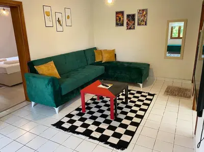 a living room with a green couch and a table at Maşukiye Home Suit Apart in Kartepe