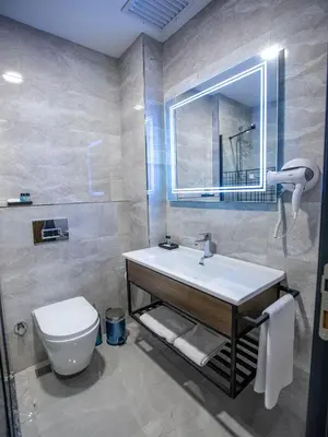 a bathroom with a sink and a toilet and a mirror at İncipark Hotel in Sakarya