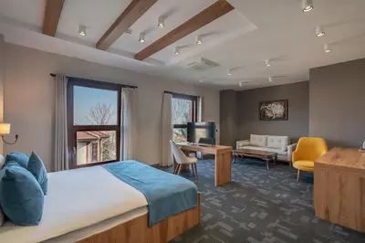 a hotel room with a bed and a living room at ERTA SOYAK THERMAL OTEL in Çekirge