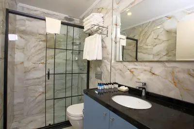 a bathroom with a sink and a toilet and a shower at Princely Suites Nişantaşı in Istanbul