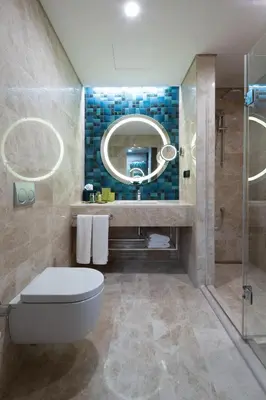 a bathroom with a toilet and a mirror at Dedeman Kartepe Kocaeli in Kocaeli