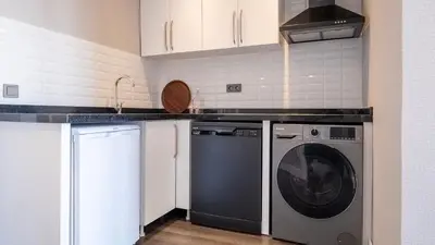 a kitchen with a washing machine and a dishwasher at Loop Hotel Bosphorus İstanbul in Istanbul