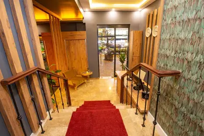 a stairway with a red carpet and a red rug at Taksim Square Leon's Hotel in Istanbul