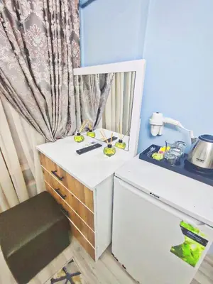 a small kitchen with a counter and a refrigerator at Taksim Rozenda Residence Hotel in Istanbul