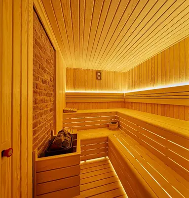 an empty wooden sauna with a wooden at THE HUBİ HOTEL in Istanbul