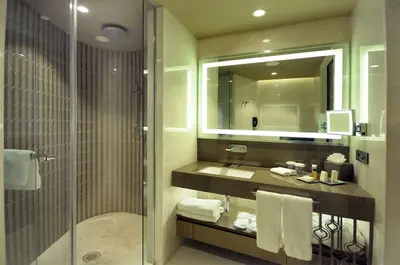 a bathroom with a sink and a shower with a mirror at Hilton Istanbul Kozyatagi in Istanbul