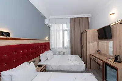 a hotel room with two beds and a television at Olimpic Hotel in Istanbul