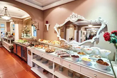 a buffet line with many different types of food at Celal Sultan Hotel Special Class in Istanbul