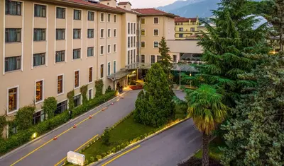 an aerial view of a street in front of buildings at Hotel Çelik Palas Convention Center & Thermal SPA in Bursa