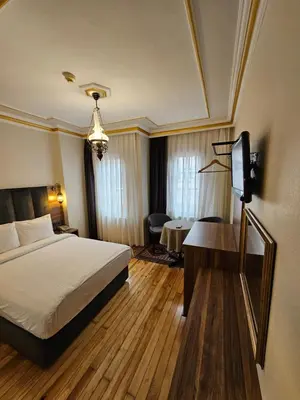 a hotel room with a bed and a desk and a television at Gul Sultan Hotel in Istanbul