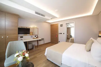 a hotel room with a bed and a desk at Erboy Hotel Istanbul Sirkeci in Istanbul