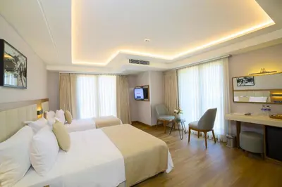 a hotel room with a bed and a desk at Erboy Hotel Istanbul Sirkeci in Istanbul