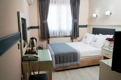 a hotel room with a bed and a desk and a television at Hotel Agan Oldcity Istanbul in Istanbul