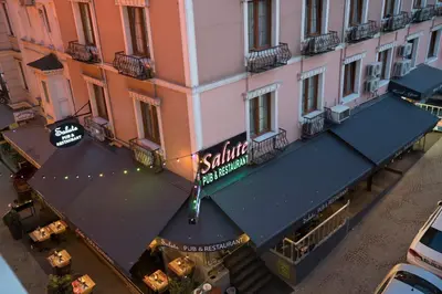 an overhead view of a restaurant with blue awnings at Hotel Agan Oldcity Istanbul in Istanbul