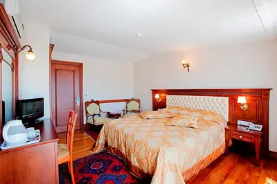 a bedroom with a bed and a desk and a television at Hippodrome Hotel in Istanbul