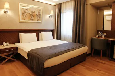 a hotel room with a bed and a desk at Sogut Hotel Old City in Istanbul