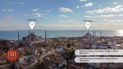 a map of a city with arrows pointing to different cities at Sude Konak in Istanbul