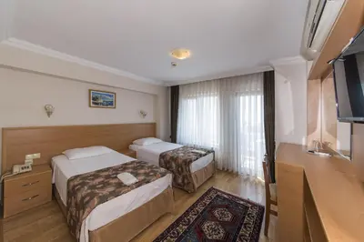 a hotel room with two beds and a flat screen tv at Deniz Houses in Istanbul