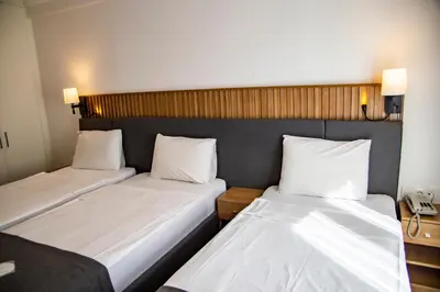 two beds in a hotel room with white sheets at Silvana Hotel in Istanbul