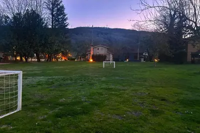 a soccer field with a goal in the grass at Villa Kirkpinar Sapanca in Sapanca