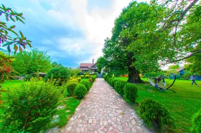 a walkway in a garden with a tree and bushes at Villa Kirkpinar Sapanca in Sapanca
