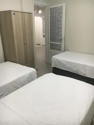 a room with two beds and a closet with a door at Canan’s apartment in Istanbul