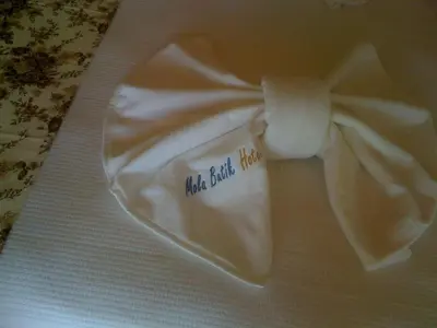 a white bow tie with a name on it at Mola Hotel in Marmara Adasi