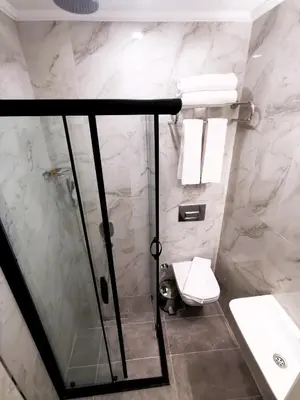 a bathroom with a shower and a toilet and a sink at Luxx Garden Hotel in Istanbul