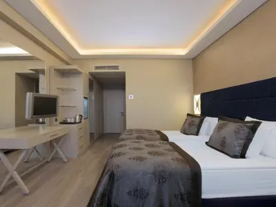 a hotel room with a large bed and a desk at WOW Istanbul Hotel in Istanbul