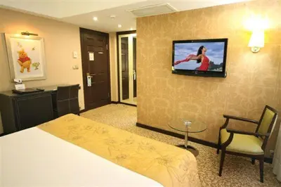 a hotel room with a bed and a television on a wall at Cartoon Hotel in Istanbul