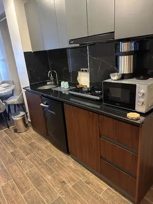 a kitchen with a microwave and a stove top oven at Nm Suites Beyoglu in Istanbul