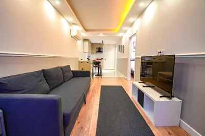 a living room with a couch and a flat screen tv at Cihangir VAV Suites in Istanbul