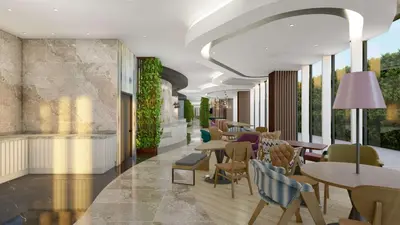 a rendering of a restaurant with tables and chairs at Hampton By Hilton Istanbul Airport, Arnavutkoy in Istanbul