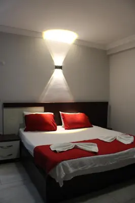 a bedroom with a bed with red pillows and a light at Deniz Hotel Kumburgaz in Buyukcekmece