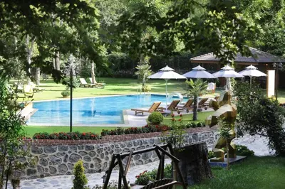 a swimming pool with chairs and umbrellas in a park at Casa Giallo Managed By Dedeman in Sapanca