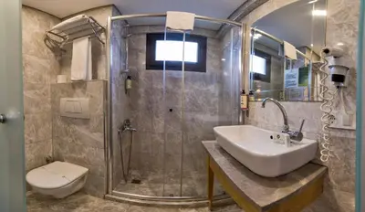 a bathroom with a shower and a sink and a toilet at Laleli Gonen Hotel in Istanbul