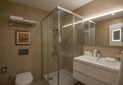 a bathroom with a shower and a toilet and a sink at The Superior Living Batışehir in Istanbul