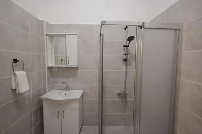 a bathroom with a shower and a toilet and a sink at Bonita Apart in Istanbul