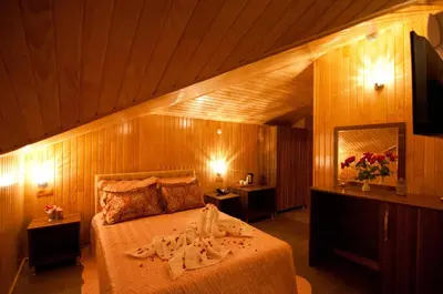 a bedroom with a large bed with wooden walls at DEFNE OTEL in Sile
