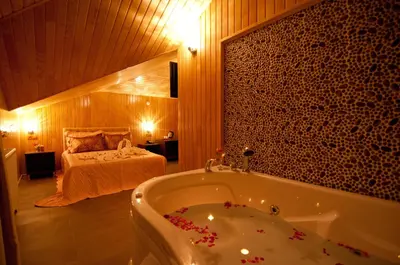 a bathroom with a tub and a bed in a room at DEFNE OTEL in Sile