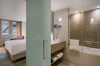 a hotel room with a bed and a bathroom with a shower at Radisson Blu Bosphorus Hotel in Istanbul