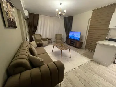 a living room with a couch and a television at King Suite AM2 in Esenyurt